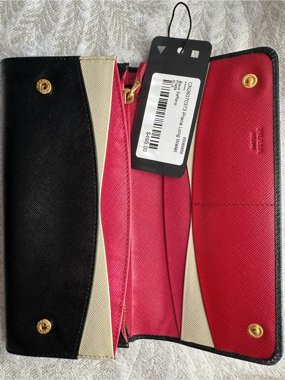Authentic Prada Black Saffiano Leather Continental Wallet with Gold Logo
